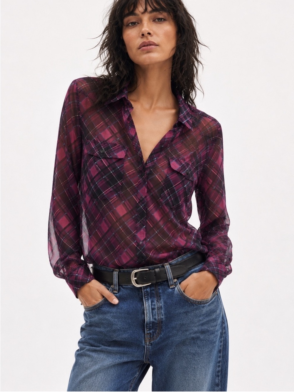 The kooples sheer plaid button down blouse size 2